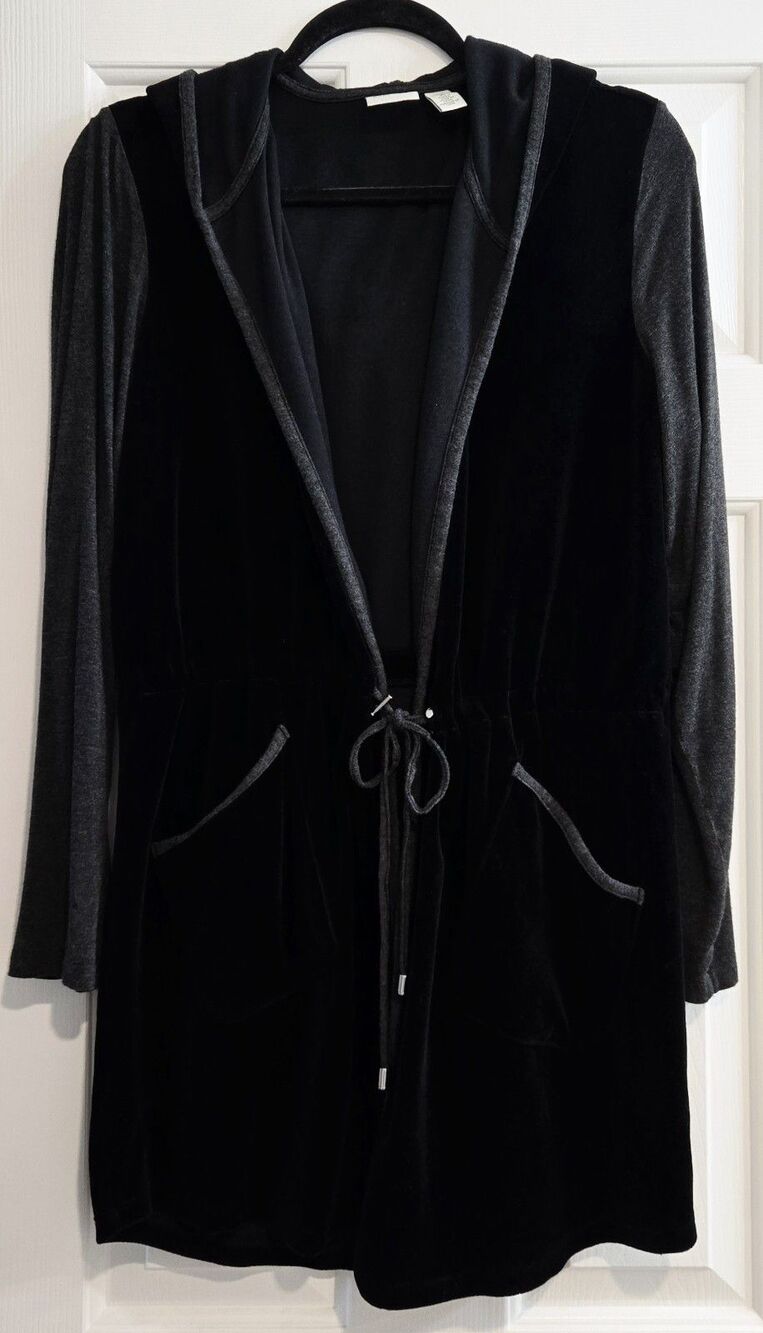 Chico's Zenergy Black Velour Cinch Waist Hooded Cardigan Jacket Coat Size L XL